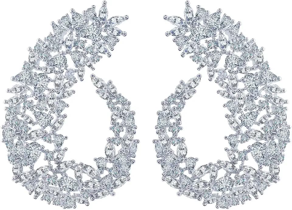 Big Wedding Bridal Party Earrings For Women Symmetrical Statement Chunky Cubic Zirconia Paved Silver Plated Luxury Pageant Jewelry