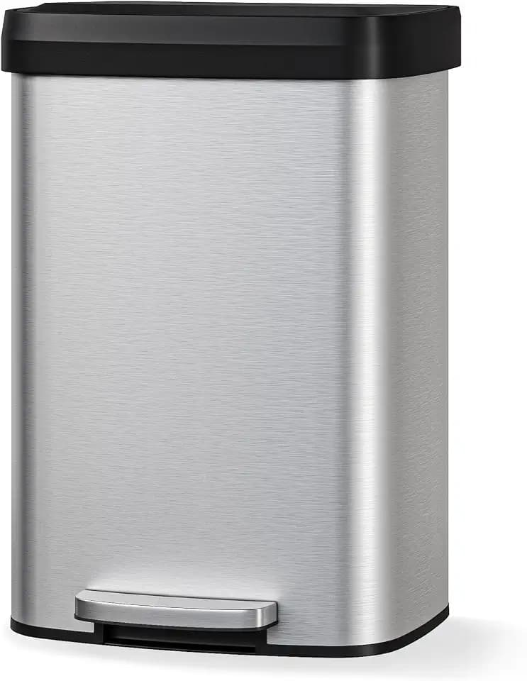 Garvee 13 gal / 50 L Stainless Steel Trash Can with Lid, Large Garbage Can for Kitchen, Rustproof Step-on Kitchen Metal Trash Bin with Liner Rim, Rear Handle, Soft Close Plastic Lid, Silver