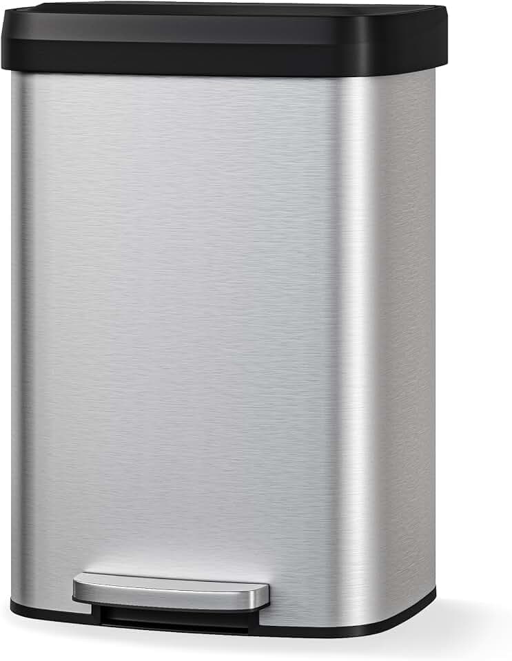 GarveeHome 13 Gal / 50 L Step-on Trash Can, Large Metal Kitchen Garbage Bin with Soft Close Lid, Rustproof Stainless Steel Trash Can, Inner Bucket Rim & Rear Handle, Silver