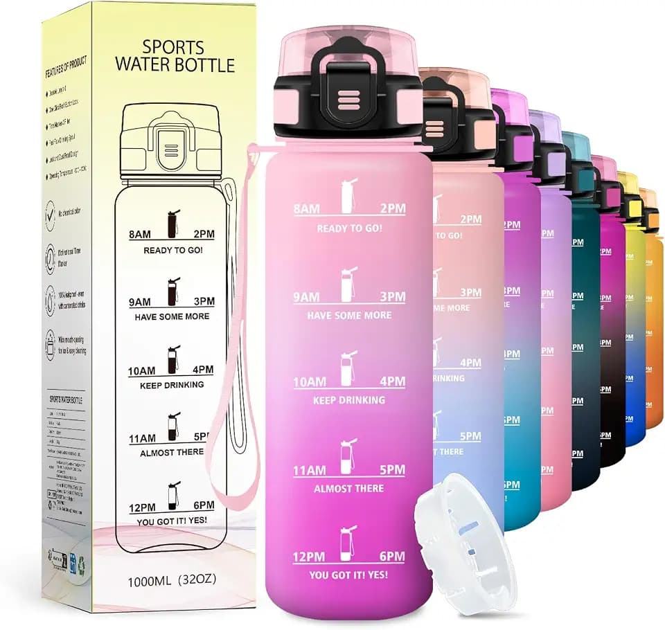 Trinkflasche 1L, Kohlensäure Geeignet, mit Filte, Auslaufsicher, Motivierende Wasserflasche mit Zeitmarkierung, Sportflasche für Fitness, Camping