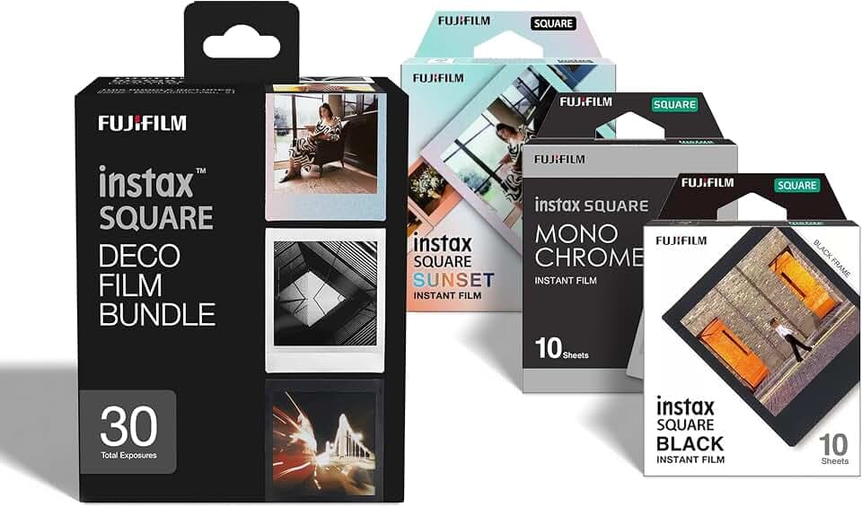 FUJIFILM instax™ Square Deko-Bundle Sofortbildfilm, 3er Pack (Blackframe, Sunset Rainbow, Monochrome), 30 Aufnahmen