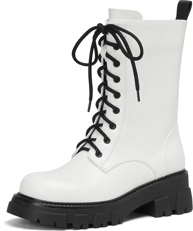 Women Harness Motorcycle Biker Boots Steampunk Combat Boots Chunky Mid Calf Goth Boots Lug Sole Lace up Side Zipper