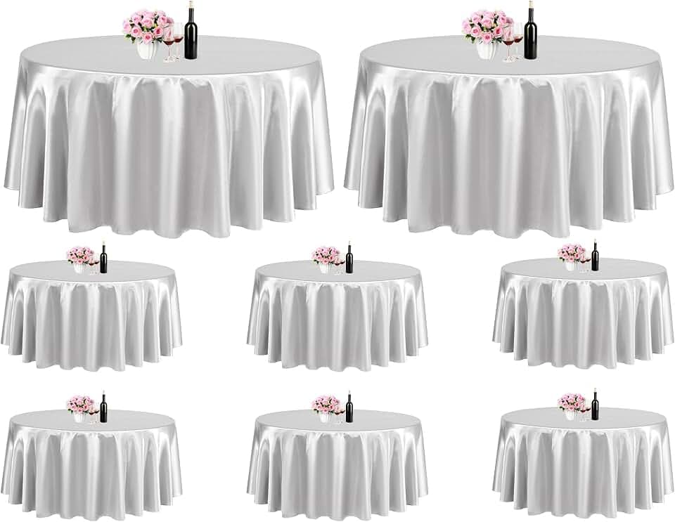 8 Pack Silver Satin Round Tablecloths, 90 Inch, Fits 8 FT Tables