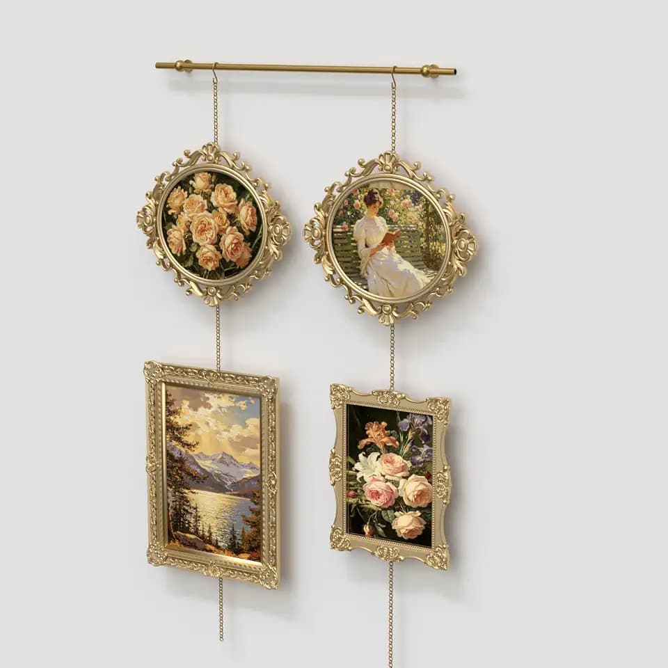 23.6in Brass Gallery Rail, Picture Rail Hanging System with Chain and Hooks