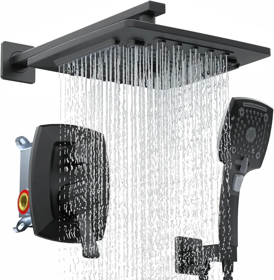 ELLO&ALLO Mattschwarzes Badezimmer-Duscharmatur-Set mit Ventil, Regenduschkopf mit Handheld-Kombination