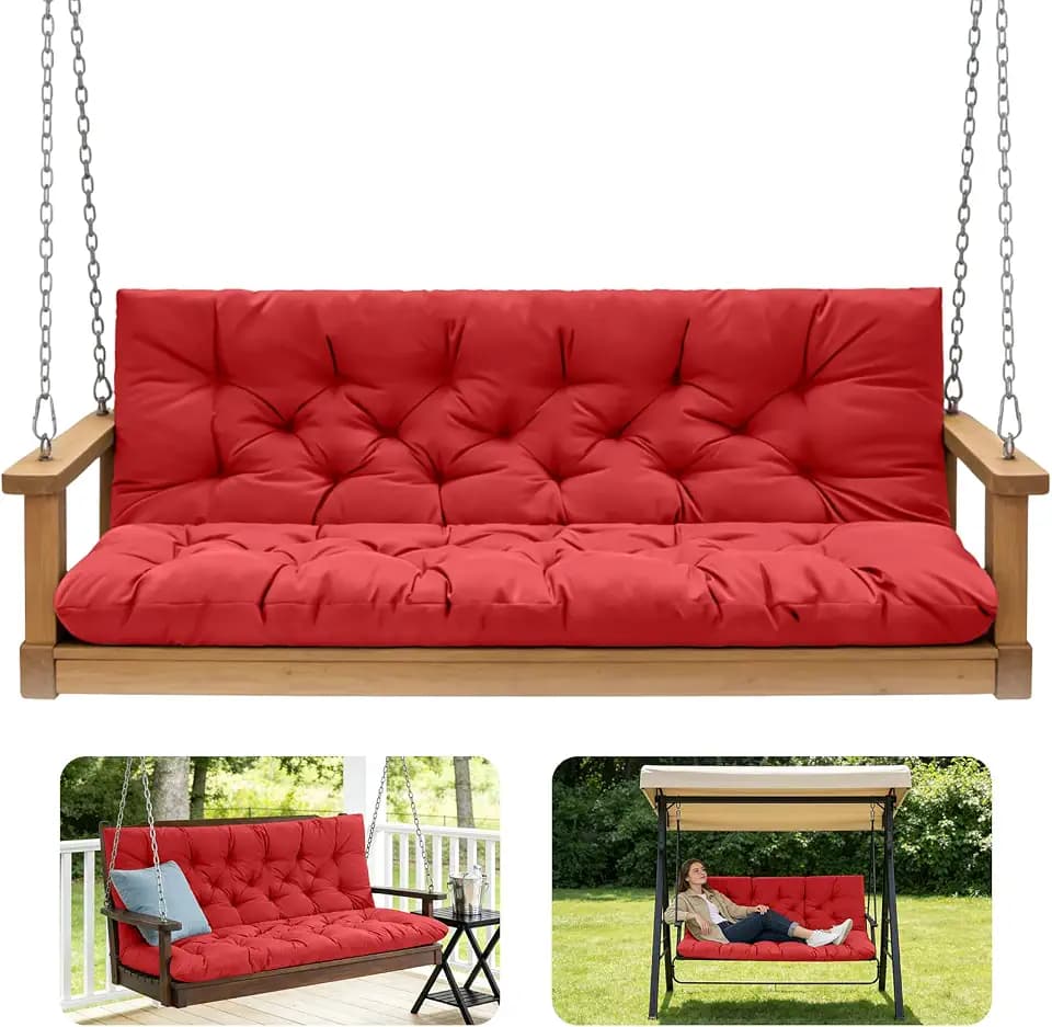 Porch Swing Cushions,Outdoor Cushions 3 Seater Replacement with Backrest, Waterproof Thickened Bench Cushion with Ties for Porch, Patio,Outdoor, Backyard and Garden (Red 60 * 40 in)