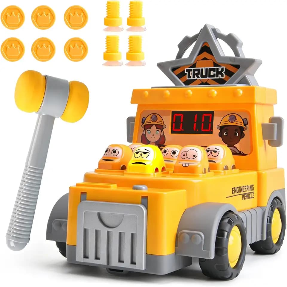 Whack A Mole Game Toy with Score Counter, Lights & Sound, Interactive Hammering Arcade Game with Hammer & Bonus Coins Screws, Birthday Gift for Boys Girls Ages 3+ (Yellow)