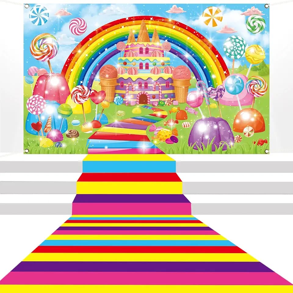 Candy Party Decorations Colorful Polyester Carpet Runner Candy World Backdrop Sweet Candies Princess Road Banner for Outdoor Home Land Decor Lollipop Runway Rug Candies Themed Birthday Party Supplies