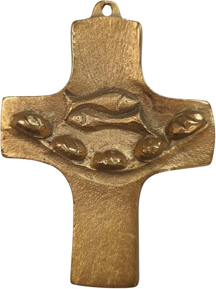 Herzmensch Fische Kreuz zur Kommunion gold aus massiver echter Bronze für Kinder 6 x 8,3 cm zum Aufhängen an die Wand Kommunionkreuz