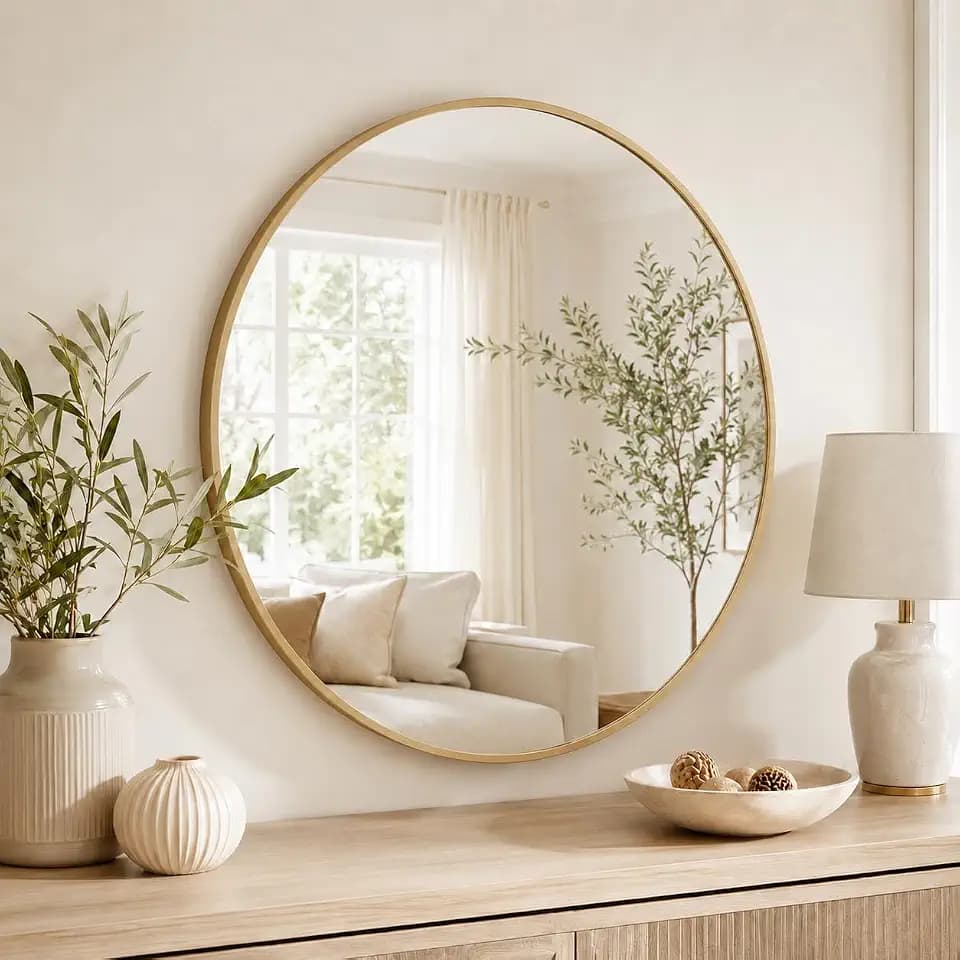 GarveeHome 18 Inch Round Bathroom Mirror, Gold Aluminum Frame Mirror