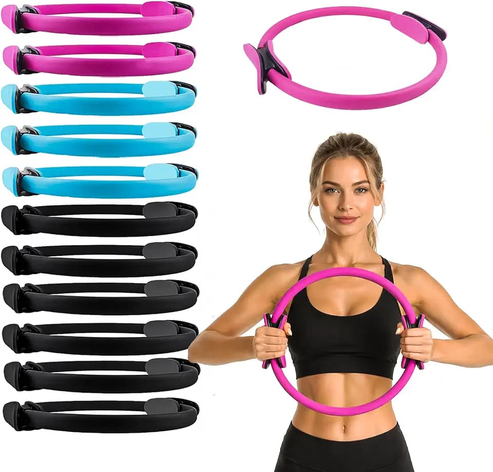 12 Pack Pilates Ring Set - 15 Inch Magic Circle Bulk Yoga Fitness Rings for Full Body Toning, Core Workout and Postpartum Recovery - Portable Lightweight Resistance Circle (6 Black, 3 Blue, 3 Pink)