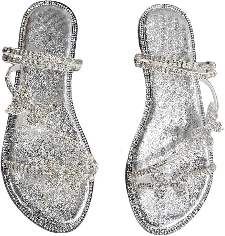 OYOANGLE Women's Silver Rhinestone Sandals Sparkly Dressy Flat Sandals