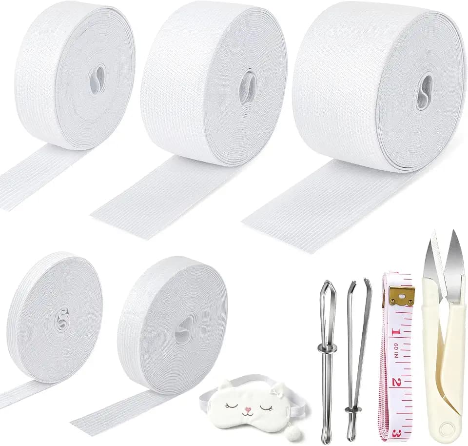 5 Rolls Elastic for Sewing, White Elastic Band Width 0.4/0.6/1/1.4/2inch