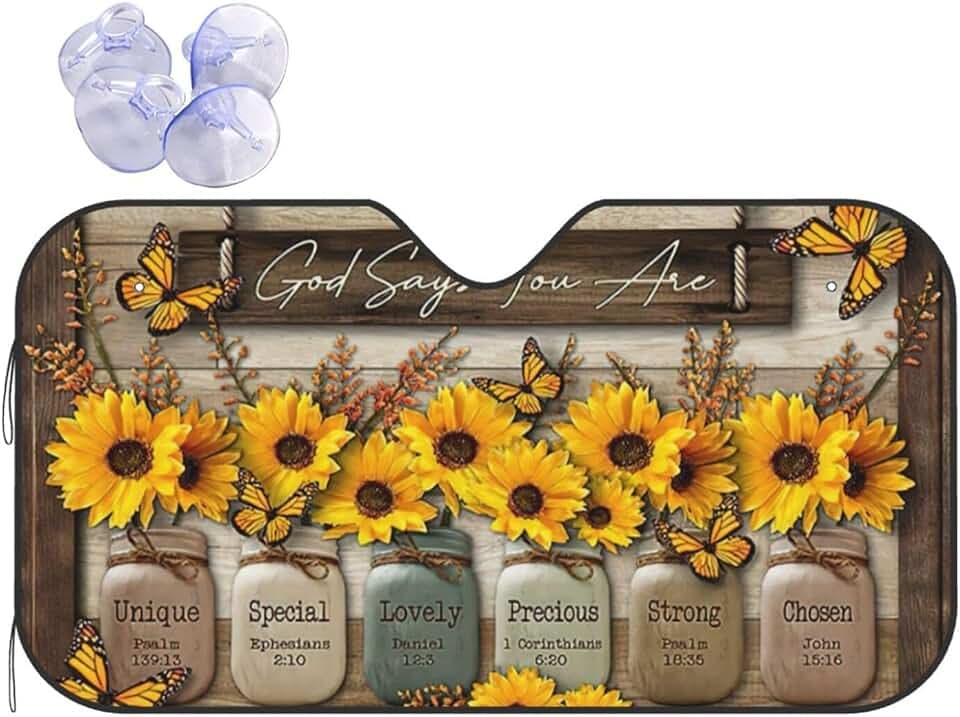 Sunflowers and Butterflies Windshield Sunshade God Inspirational Windshield Sun Shade, Foldable Auto Sunshade for Car Truck SUV Auto
