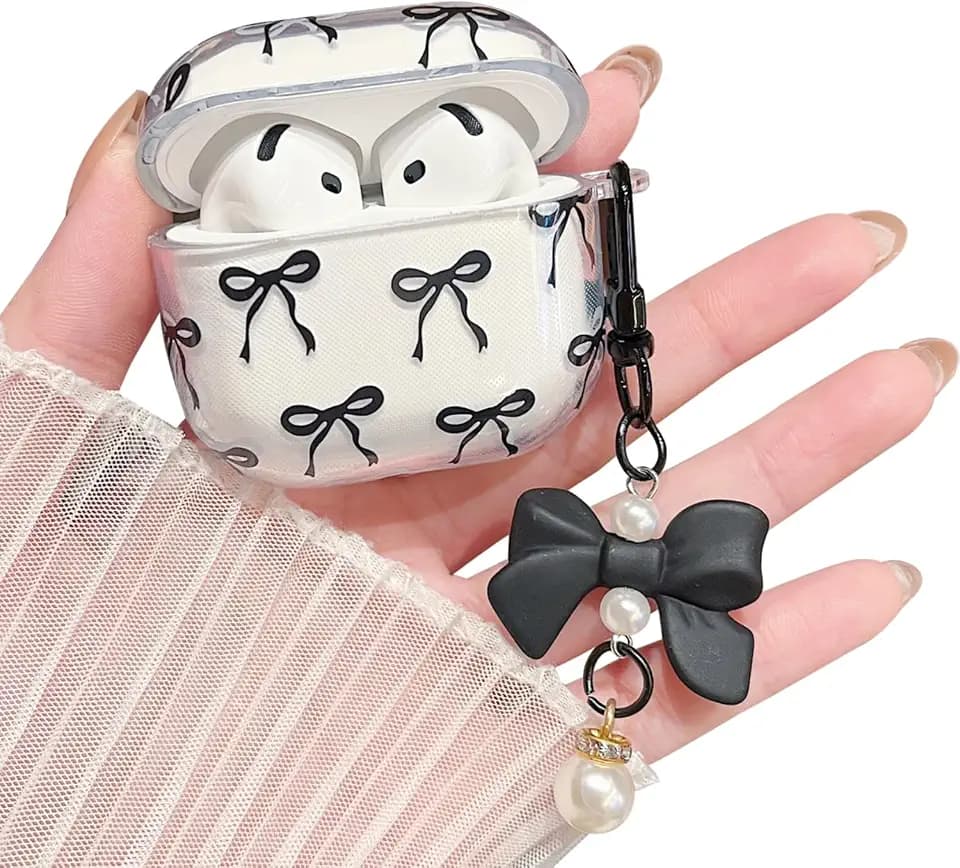 MINSCOSE Compatible with AirPods 4 Clear Case,Cute Bow Pattern Kawaii Ribbon Girly Design with Bow Pearl Keychain,Soft TPU Protective Shockproof Case for Women Girl for AirPods 4-Black