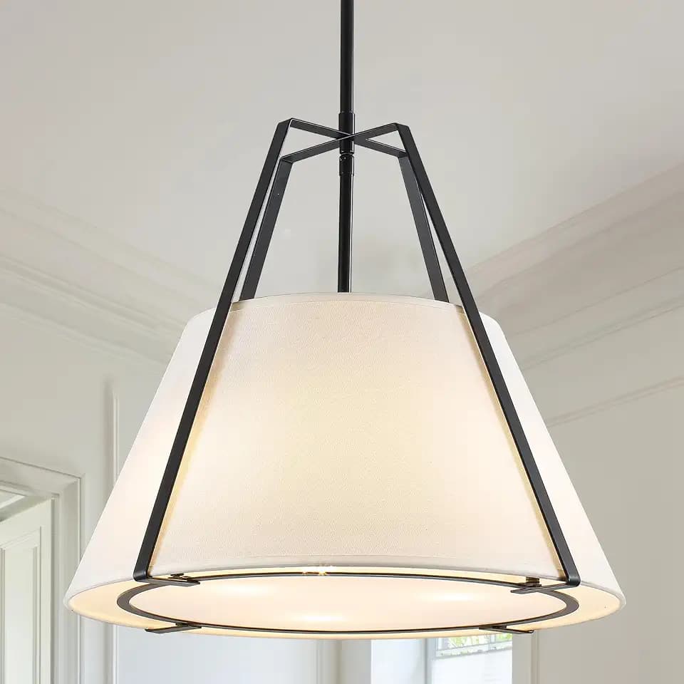 18 Inch Large Modern Pendant Light with White Fabric Shade, 3-Light Drum Pendant Lighting Black Chandelier for Kitchen Island, Dining Room, Foyer, Bedroom