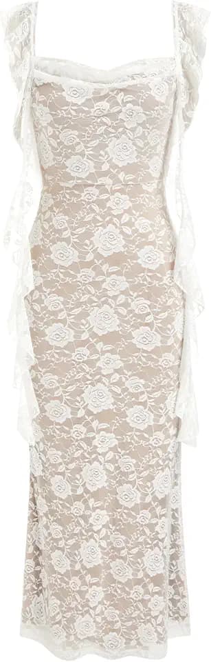 CIDER Women's Wedding Guest Dress Sleeveless Mesh Ruffle Maxi Formal Dress