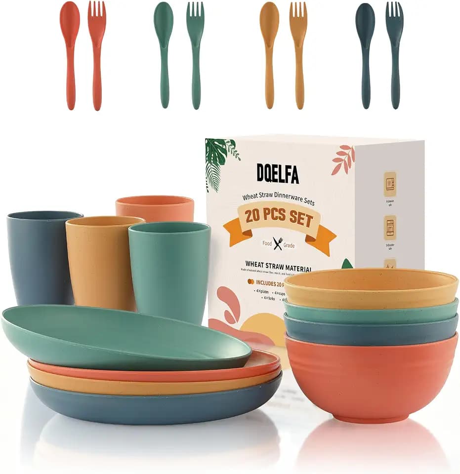 20PCS Wheat Straw Dinnerware Sets, DQELFA Reusable Kids Toddler Plates and Bowls Sets, Unbreakable Lightweight Kids Dish Set, Microwave and Dishwasher Safe