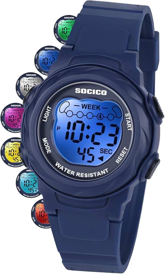 SOCICO Kinder Digitaluhr mit 7 Farben 5ATM wasserdicht Alarm Stoppuhr