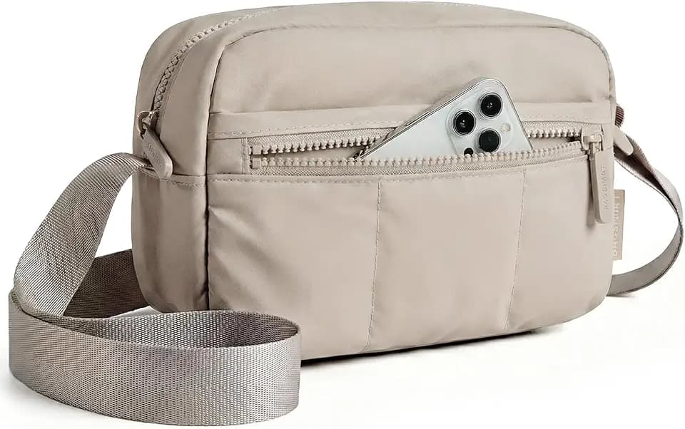 BAGSMART 2 in 1 Small Puffy Camera Sling Bag, Camel