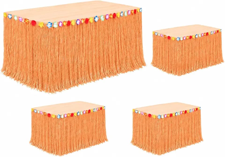 4E's Novelty 4 Pack Luau Grass Table Skirt 9 Ft 108" Wide with Hibiscus, Reusable - for Jungle Party Decorations, Tropical Beach Tiki Moana Birthday Party Decor Supplies Accessories