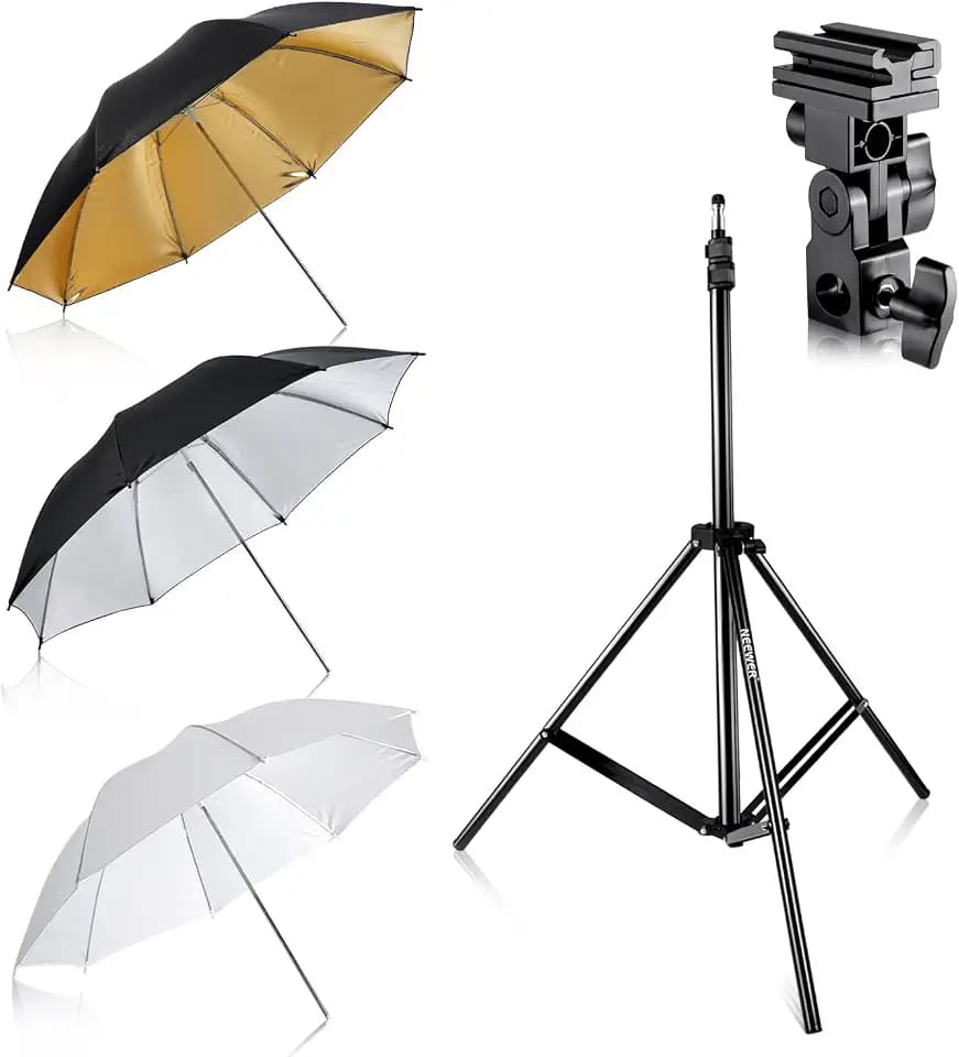NEEWER Blitzschuh Set mit DREI Schirmen 84cm weißer Softschirm, silberner Reflektorschirm, Goldener Reflektorschirm für Canon 430EX II 580EX II, Nikon SB600 SB800, Yongnuo YN 560 YN 565, NEEWER TT560
