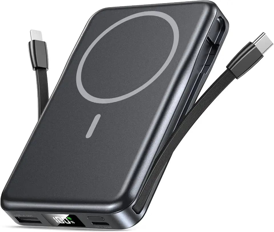 Powerbank für Magsafe, Magnetische Power Bank 10000mAh, PD 20W Schnellladung Kabellose Powerbank mit Integrierten Kabeln, Tragbares Ladegerät für iPhone 16/15/14/13/12/Pro/Pro Max - Dunkelgrau