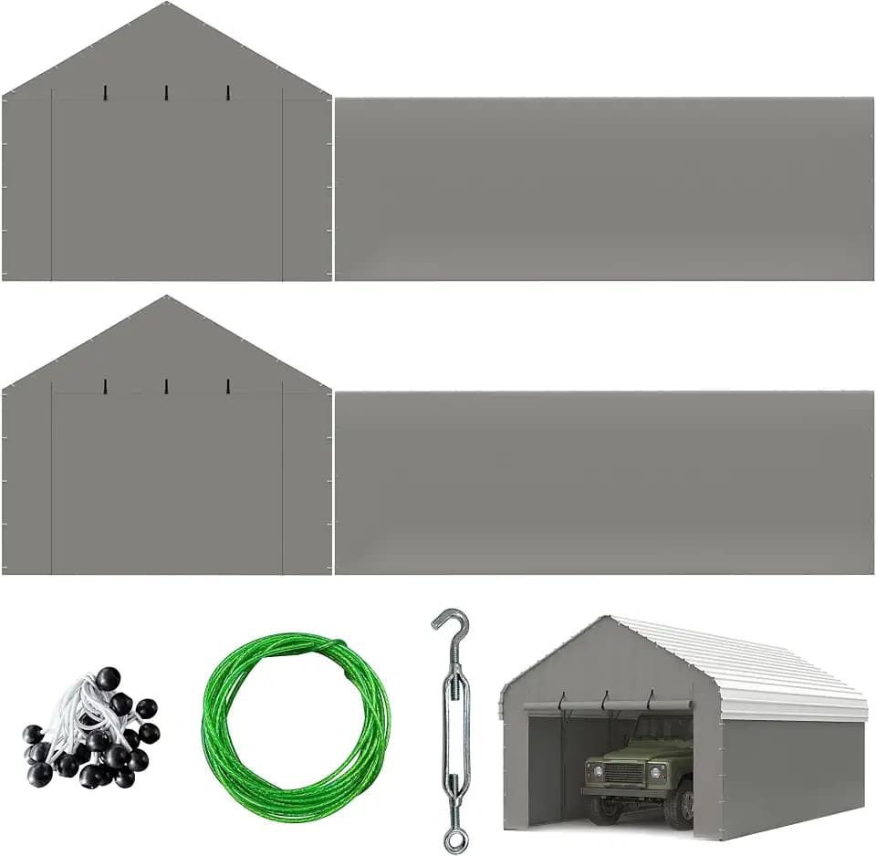 2 Sidewalls & 2 Zipper Doors for 12x20 Metal Carport, No Frame& Top, Grey
