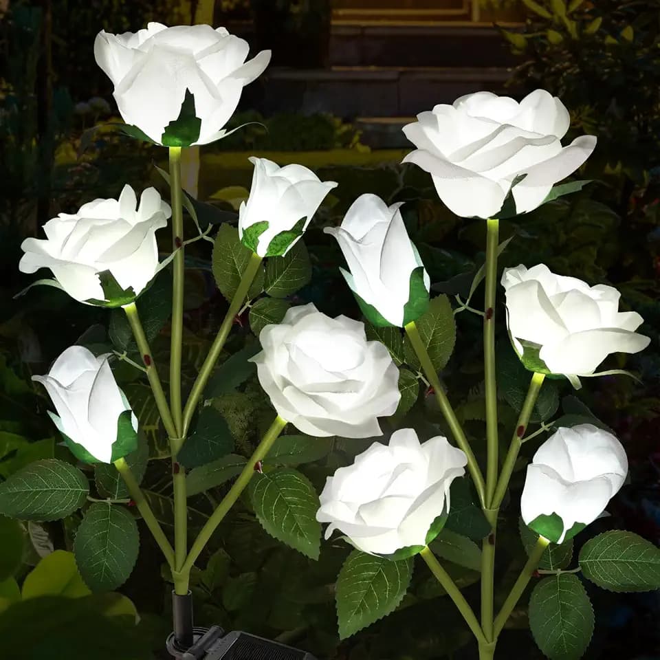 Solar Garden Lights, Solar Outdoor Lights with More Realistic 10 Rose Waterproof Solar Powered Flowers for Outside Patio Yard Pathway Decorations, 2 Pack White