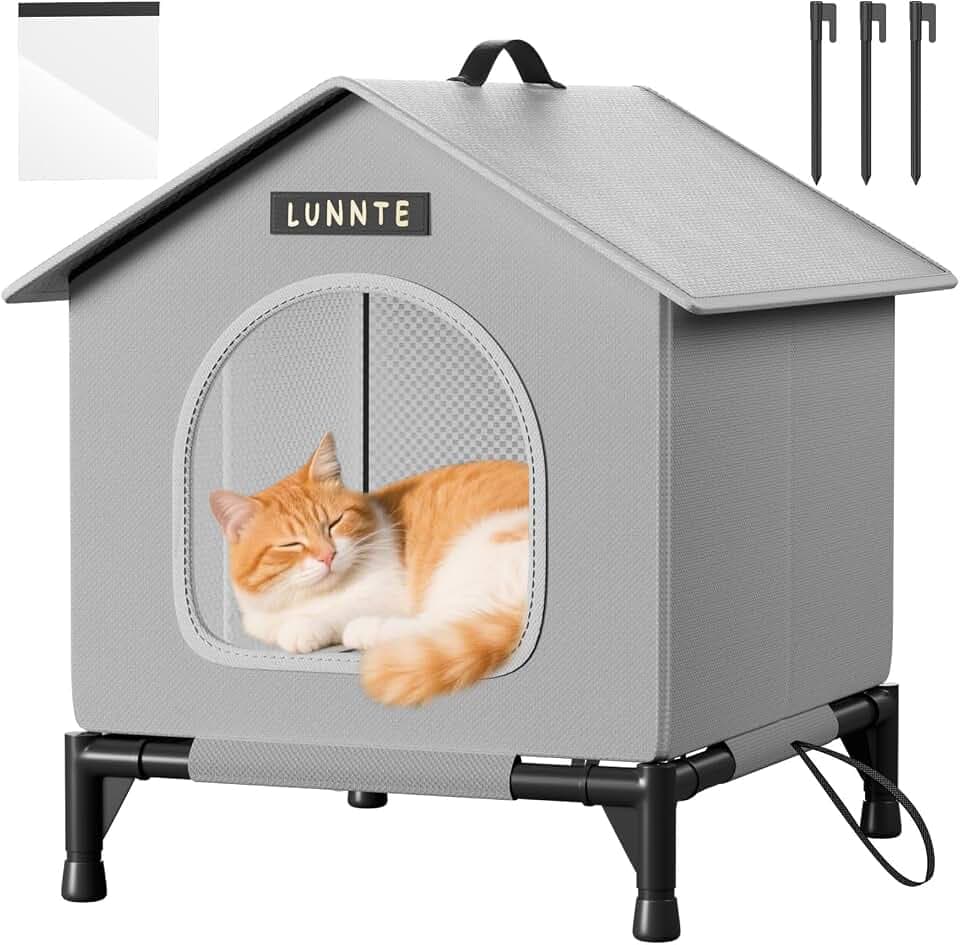 Wasserdichtes Outdoor Katzenhaus, Robustes 4-Jahreszeiten Katzenhäuschen mit erhöhtem Stand, Wetterfestes Tierheim mit Türvorhang für Katzen & Kleine Hunde, Streuner (45x40x50cm, Grau)