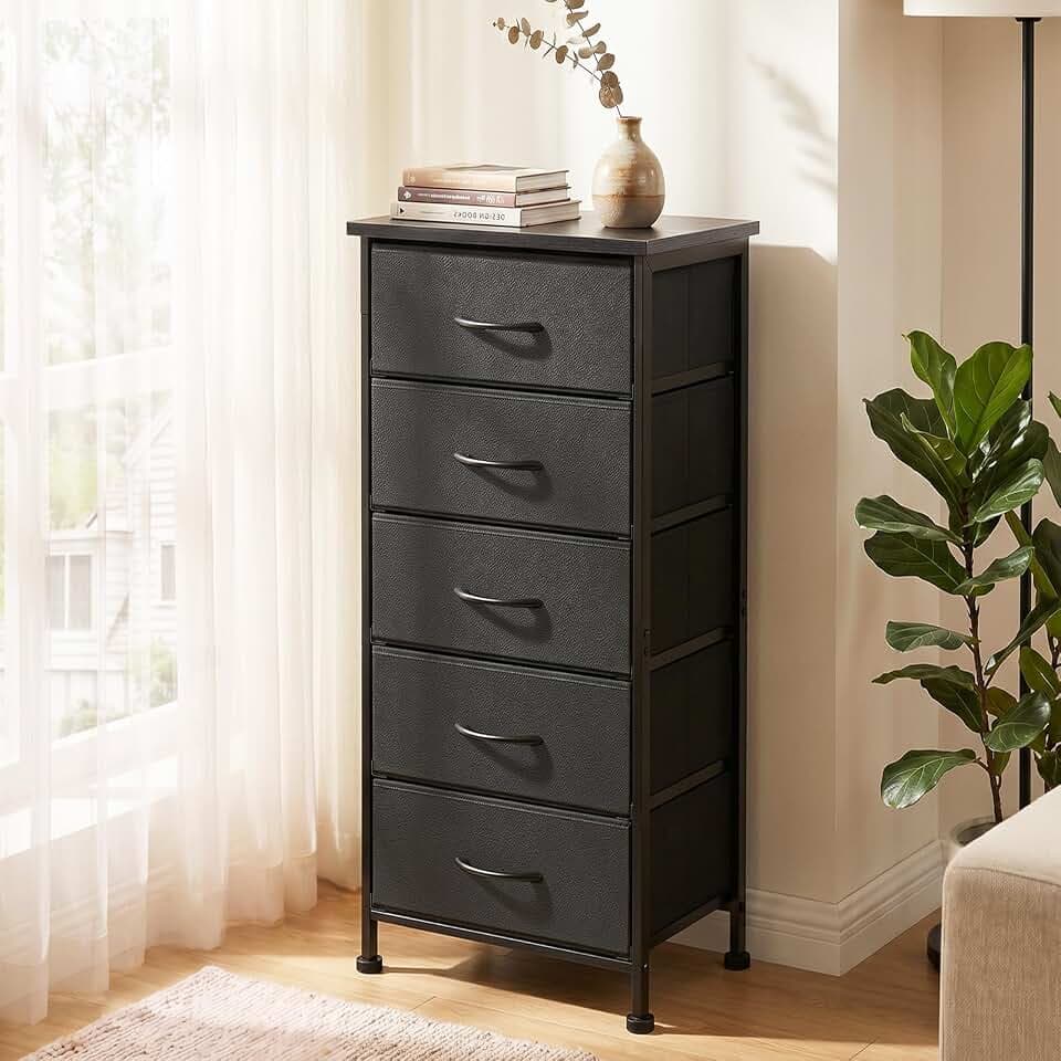 Fixwal Tall Skinny Dresser with 5 Fabric Drawers, Slim Dresser, Black