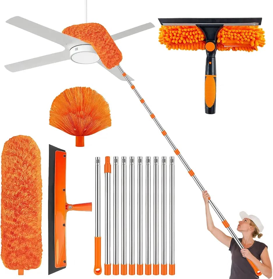 Staubwedel Teleskop Stange 4.3M, Spinnwebenbesen mit Teleskopstiel, Staubwedel Lang Ausziehbar 43 cm bis 430 cm, Staubwischer und 2 in1 Fensterwischer für Unter Sofa Fenster Decken Spinnweben