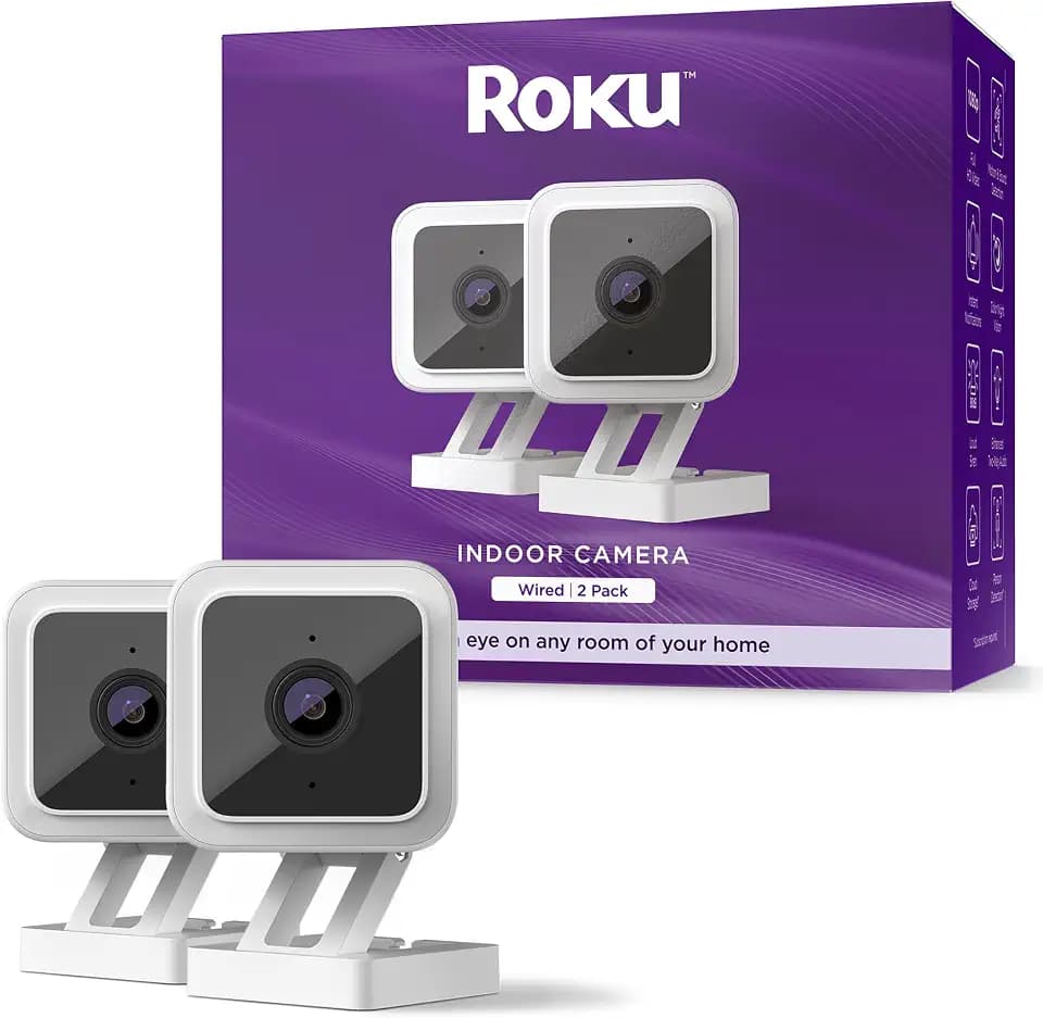 Roku Indoor Camera for Home Security, 2-Pack - Wired Security Camera with 1080p HD Color Night Vision, Works with Alexa & Google, Motion & Sound Detection, Built-in Siren, 90-Day Subscription Included