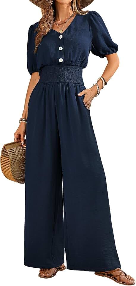 Jumpsuit Damen Sommer Kurzarm V-Ausschnitt Overall Elegant Taillenbetonender Jumpsuit Sommer Caual Playsuit mit Taschen