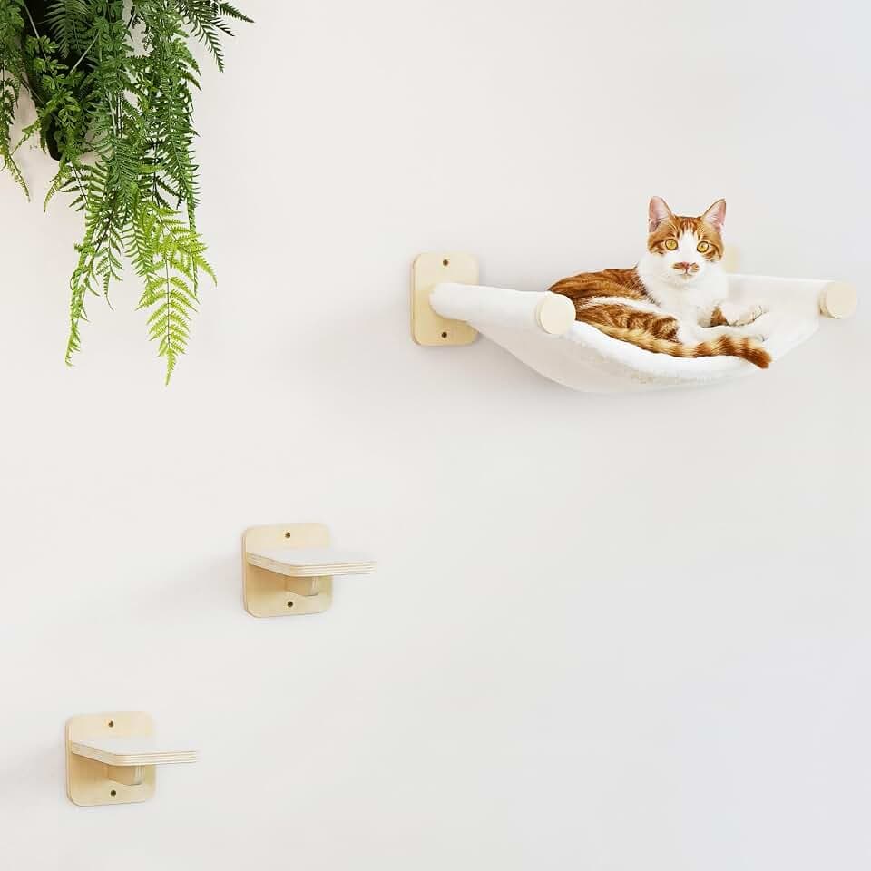 FUKUMARU Kletterwand Katzen, Katzenmöbel mit 2 Katzentreppe Wand,Katzenbaum Hängematte aus Birke mehrschichtige Platte, Katzenwandmöbel für Schlaf, Klettern und Spielen, beige