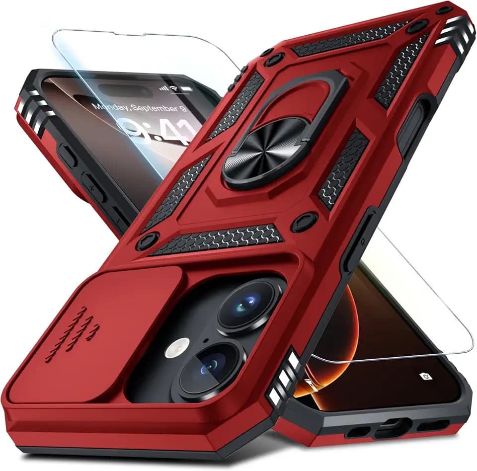 Janmitta for iPhone 16 Phone Case Built in Slide Camera Lens Cover Red