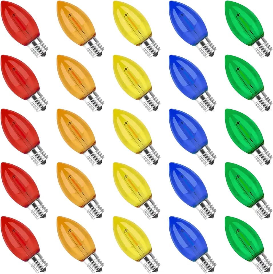 C9 Led Replacement Bulbs for Christmas String Light, Colored Light Bulbs Shatterproof for Outdoor Indoor Holiday Decoration, E17 Screw Base, Multicolor 25 Pack