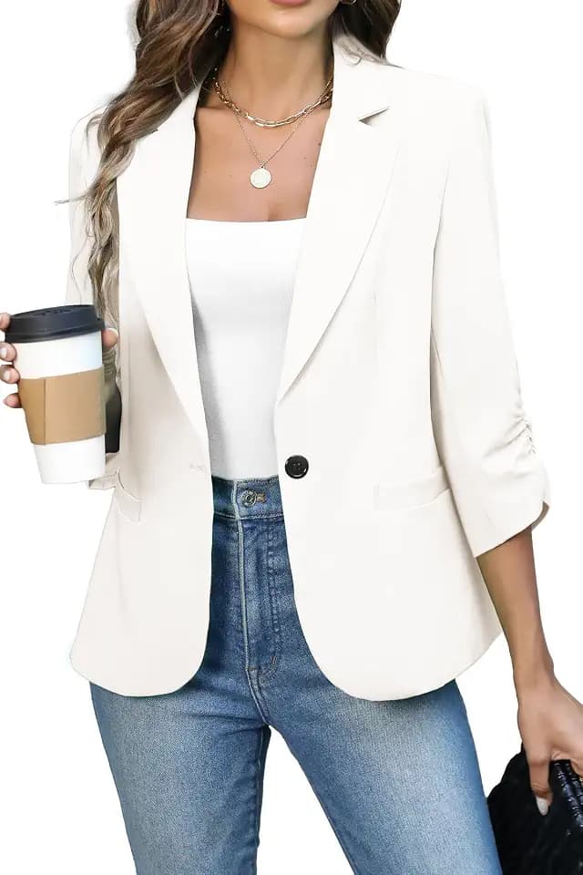 ELLEVEN Women's Ruched 3/4 Sleeve Blazer, Lightweight Fitted Jacket