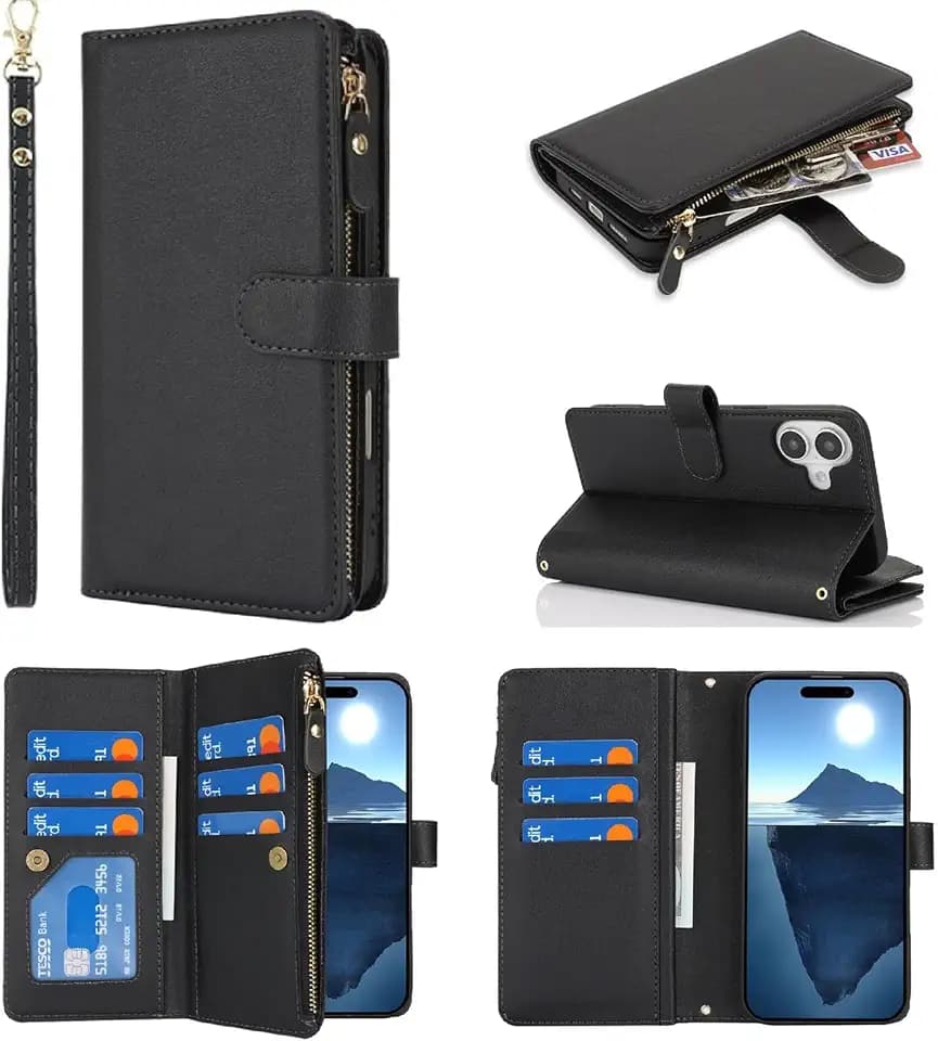 Wallet Case for iPhone 16 Plus with Wrist Strap,6.7",Black