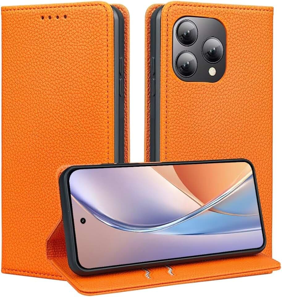 Flip Handyhülle für Cubot A40 mit Starker Magnet Schutz, Litchi PU Lederhülle mit Anti-Fingerprint, Luxuriöse Wallet Case. Orange