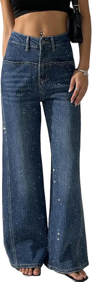 heipeiwa Women's Rhinestone Jeans Wide Leg Flare Denim Pants High Waist Sparkle Shiny Sequin Glitter Trouser