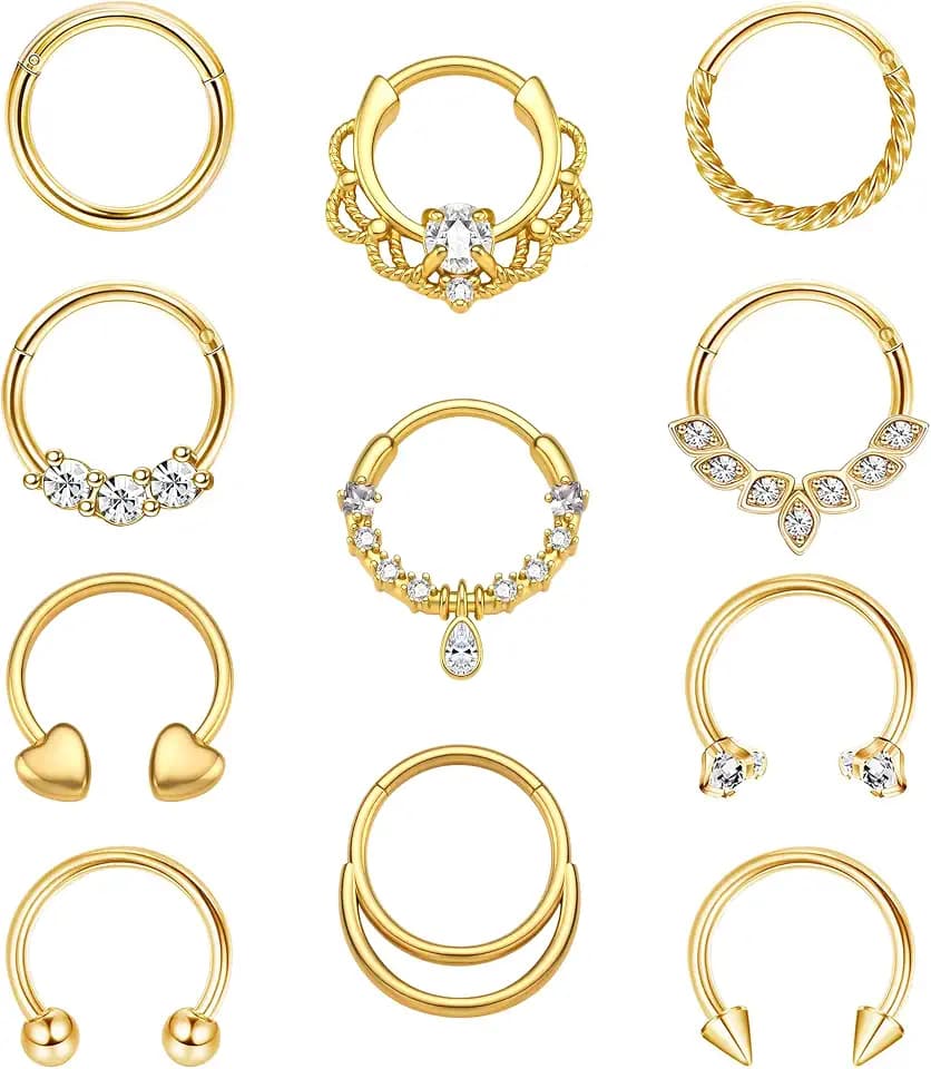 11PCS 16G Septum Rings Surgical Stainless Steel Septum Jewelry Hinged Clicker Segment Horseshoe Septum Piercing Gold Plated Daith Earrings for Women Men 8mm 10mm