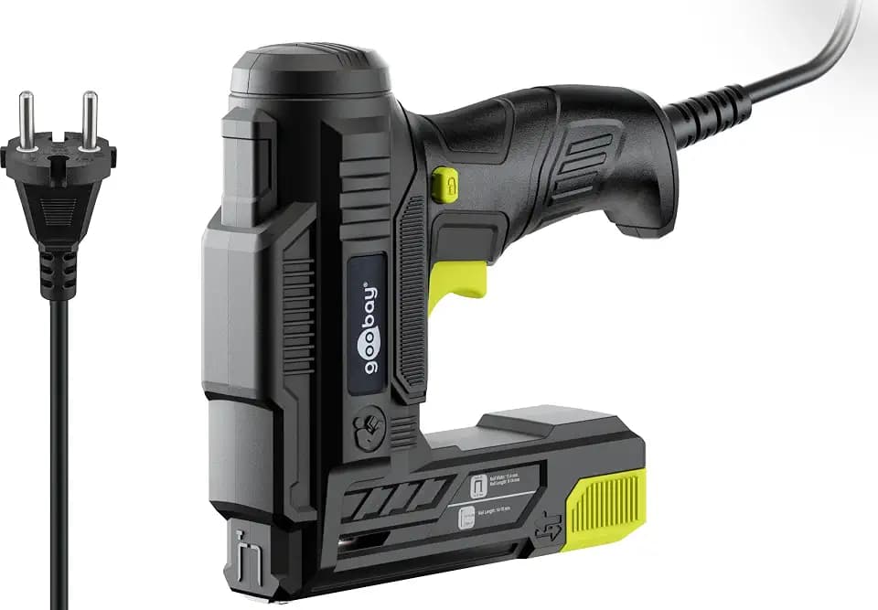 goobay 2in1 Elektrotacker-Set kabelgebunden 2 m / 70 W - mit Klammern oder Nägeln bestückbar - verschießt ca. 20 Klammern pro Minute - für Polster- Holz- oder Renovierungsarbeiten - 77820