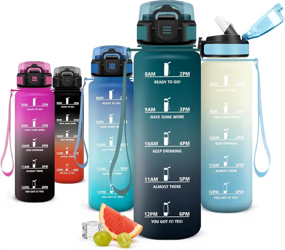 Trinkflasche 1000ml, Motivierende Wasserflasche mit Strohhalm, Auslaufsicher, Kohlensäure Geeignet, mit Zeitmarkierung, für Fitness, Yoga, Camping