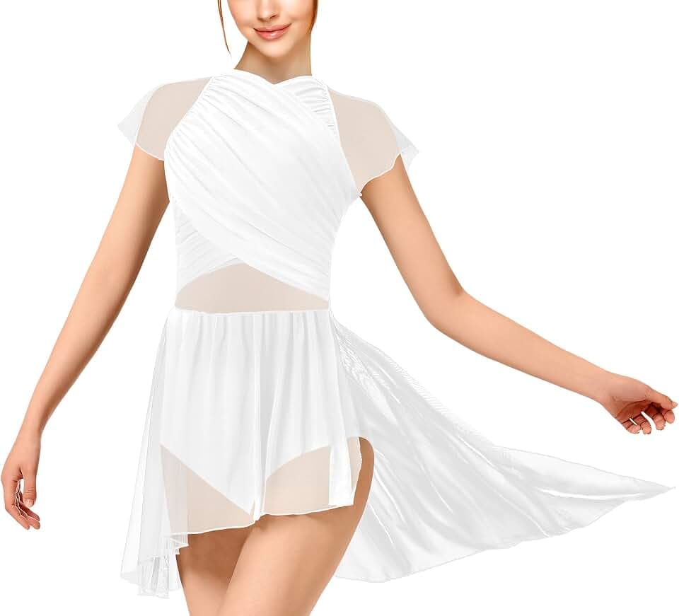 DANSHOW Lyrisch Moderner Tanz Kleid für Damen Zeitgenössischer Tanz Kostüme Asymmetrisch Hoch niedrig Rock,Spitzen-Tanzkleidung