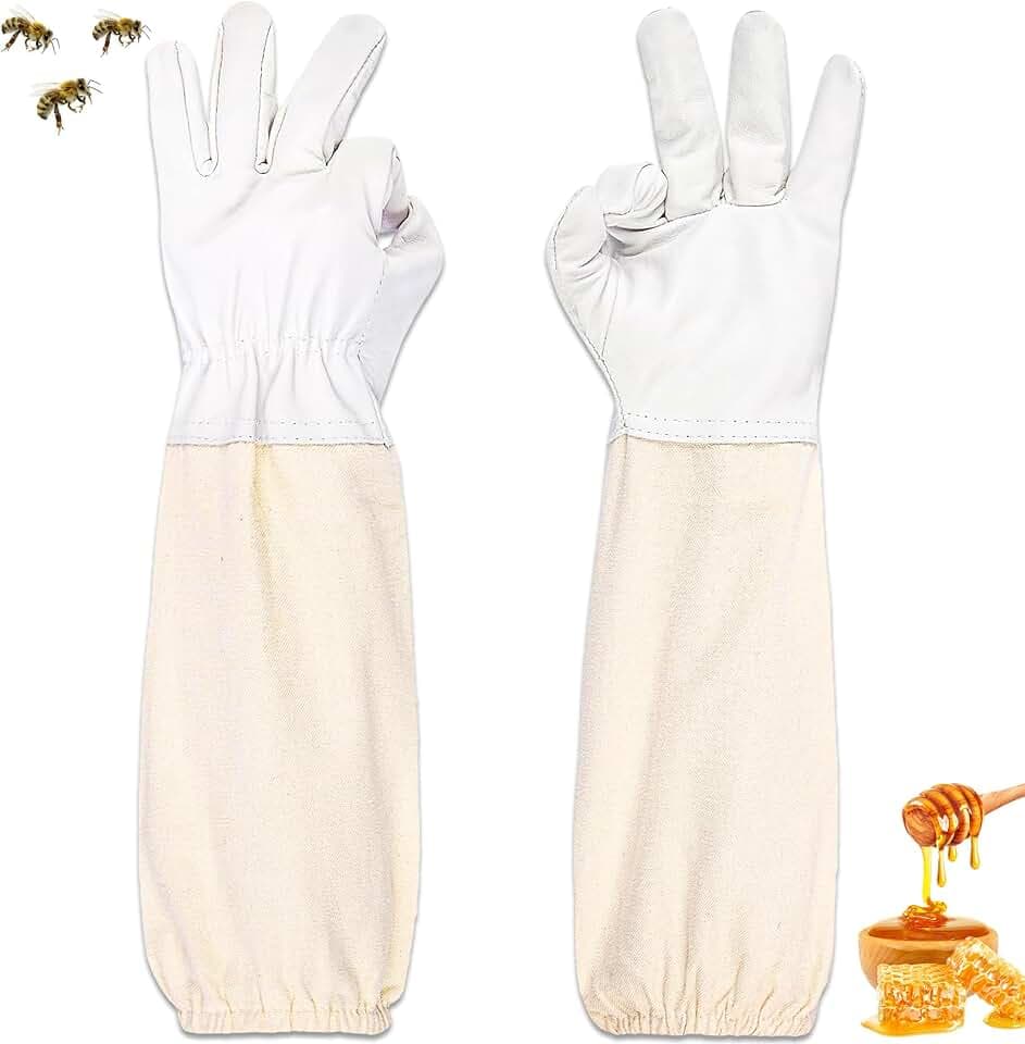 ZONSUSE Imker Handschuhe aus Ziegenleder, Imker Schutzhandschuhe mit Langen Ärmeln aus Segeltuch, Arbeitshandschuhe für den Garten, Mit Bienenschutzanzügen Kompatible Imkereiausrüstung (Weiß)