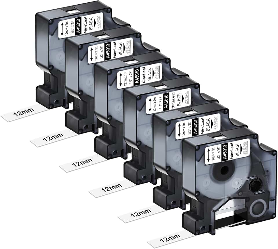 NineLeaf 6x 45010 Etikettenband Ersatz für Dymo D1 45010 S0720500 12mm x 7m 0.47'' Bänder Schwarz auf Transparent Schriftband für LabelManager 160 210D 260P 280 360D 420P 450D 500TS Beschriftungsgerät