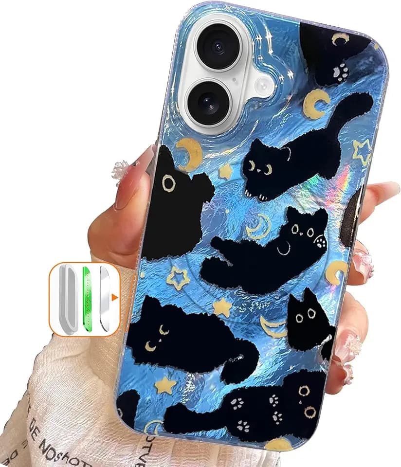 Compact Case for iPhone 16 Black cat Design,Compatible with Magsafe Camera Control Cute Soft Slim TPU Shockproof Protective Bumper Phone Cases Cover for Aesthetic Glitter
