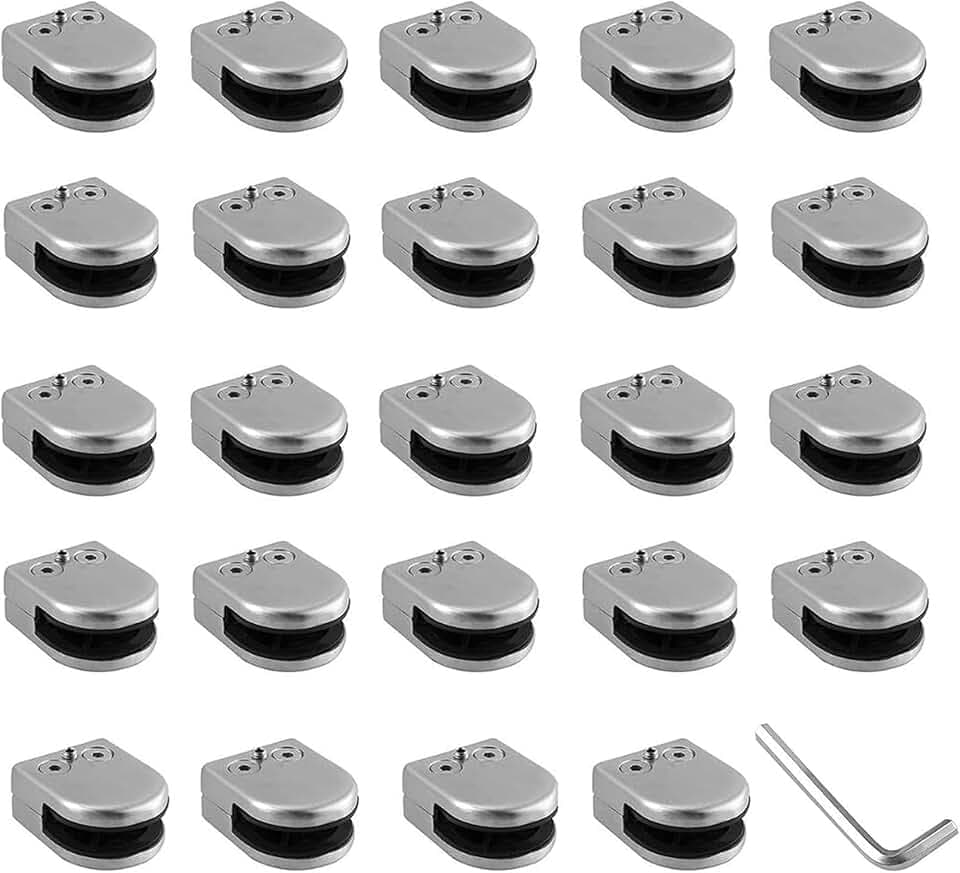 uyoyous 24 Stück Glashalter, 6–8 mm Edelstahl Glasklammern, Verstellbare Glashalterungen, Flachrückseitige Befestigungsklammern für Geländer, Treppenhandläufe und Fenster, Silberfarben
