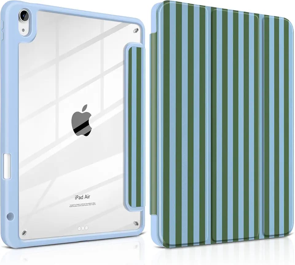 Case for iPad Air 11 Inch M4 M3 M2 2026 2025 2024, iPad Air 5th 4th Generation 10.9 Inch 2022 2020-[Pencil Holder], Shockproof Clear Hard Back, Trifold Stand,Auto Wake/Sleep, Blue Stripes